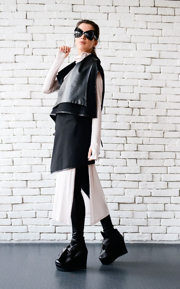 Black Leather Asymmetrical Vest Sleeveless Black Coat Loose Warm