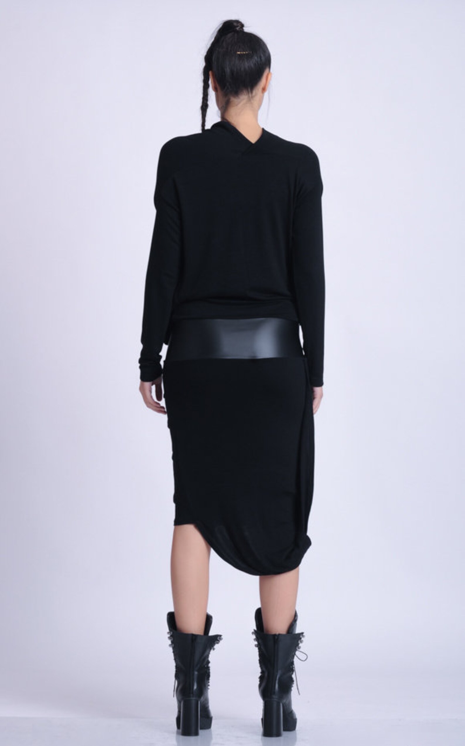 Black Party Dress / Asymmetric Dress With Long Sleeves / Faux - Etsy