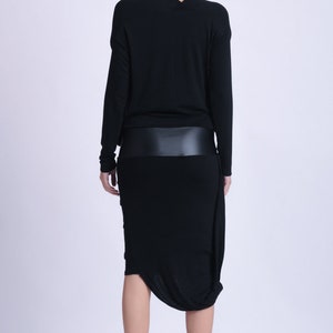 Black Party Dress / Asymmetric Dress with Long Sleeves / Faux Leather Dress / Little Black Dress / Cocktail Black Slip Dress METD0146 image 4