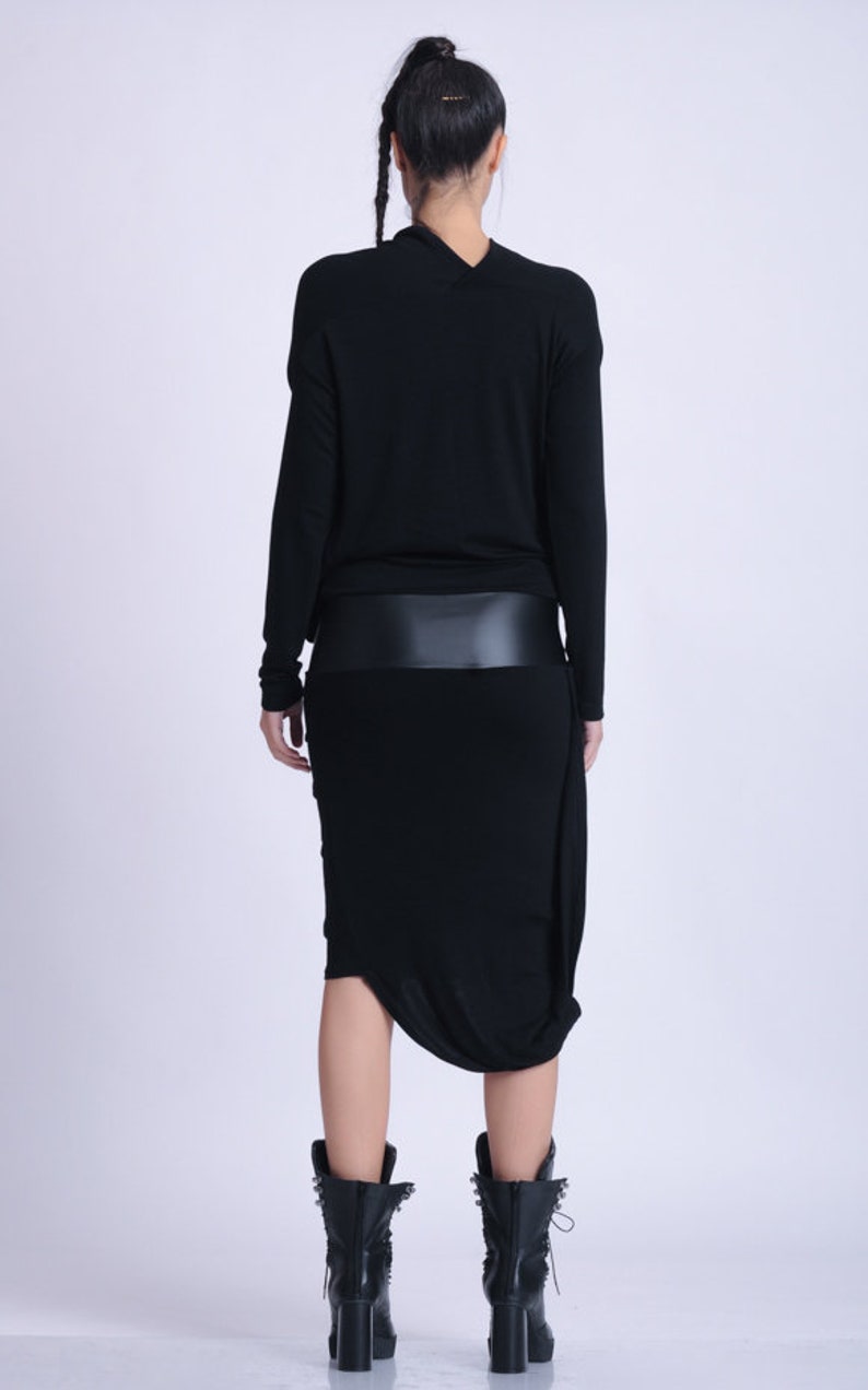 Black Party Dress / Asymmetric Dress with Long Sleeves / Faux Leather Dress / Little Black Dress / Cocktail Black Slip Dress METD0146 image 4