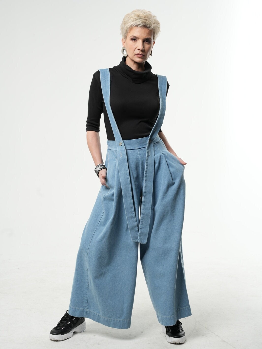 Full-length Wide-leg Pants / Denim Pants With Suspenders Full-length Wide-leg Pants / Denim Pants With Suspenders