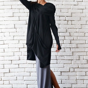 Long Sleeve Black Tunic/Draped Tunic/Black Dress/Oversize Kaftan/Loose Black Dress/Asymmetric Loose Top/ Extravagant Black Blouse METT0004 image 4