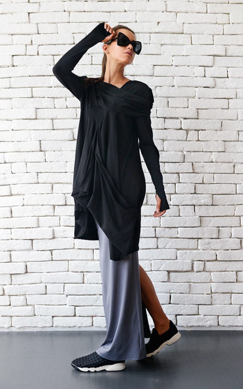 Long Sleeve Black Tunic/Draped Tunic/Black Dress/Oversize Kaftan/Loose Black Dress/Asymmetric Loose Top/ Extravagant Black Blouse METT0004 image 4