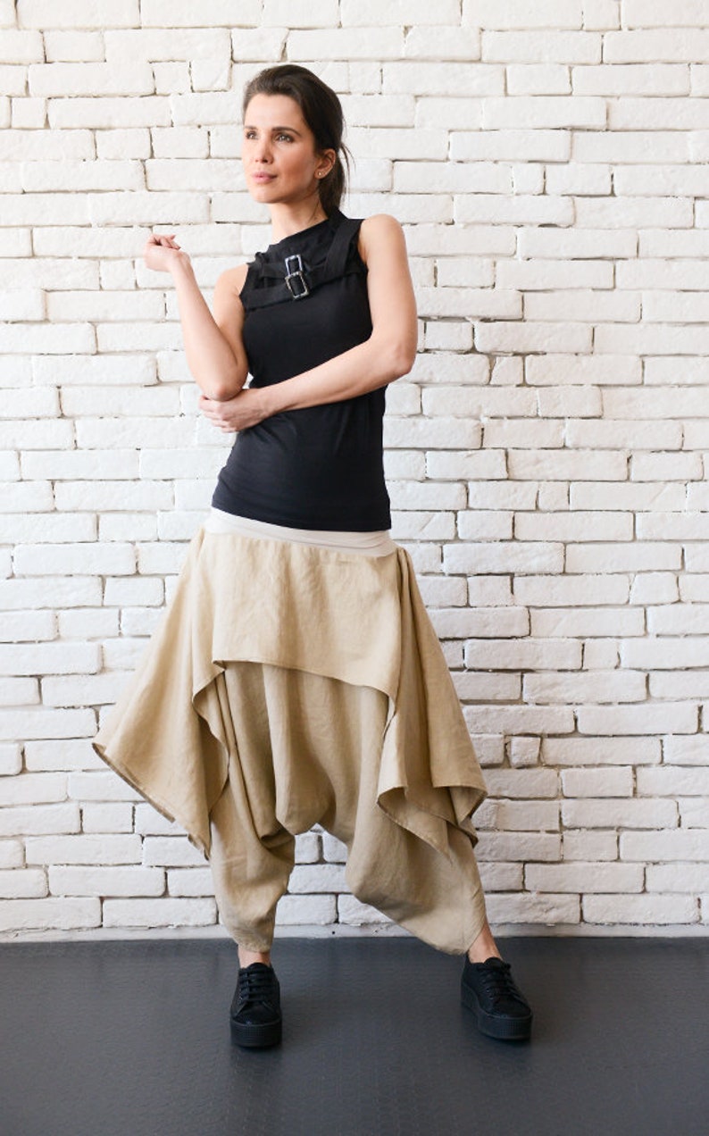 Linen Harem Pants/Beige Maxi Pants/Viscose Waist Skirt Pants/Extravagant Gypsy Pants/Linen Maxi Pants/Long Short Capris/Casual Trousers image 9