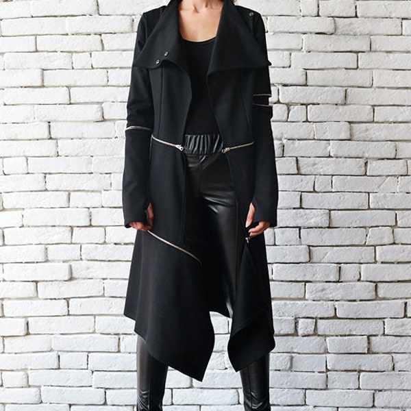 Loose Long Asymmetric Coat/Extravagant Zipper Jacket/Comfortable Casual Coat/Thumb Hole Sleeves Oversize Long Tunic METC0033