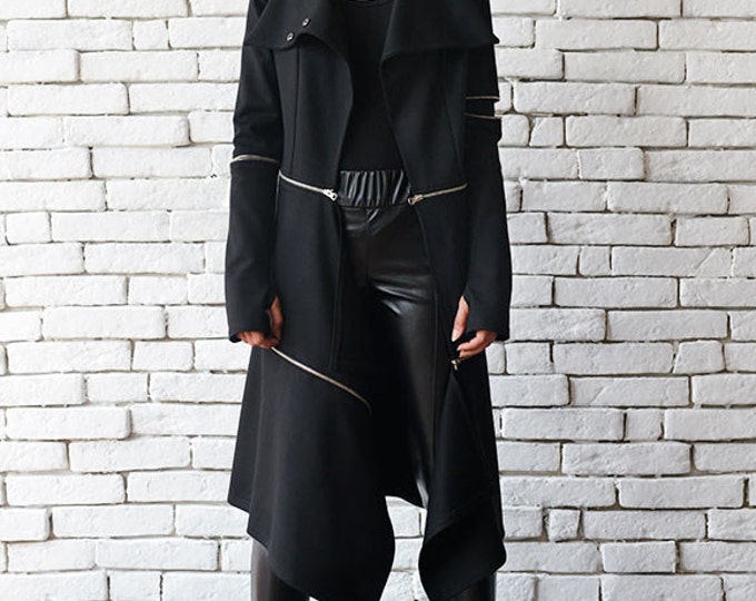 Loose Long Asymmetric Coat/Extravagant Zipper Jacket/Comfortable Casual Coat/Thumb Hole Sleeves Oversize Long Tunic METC0033