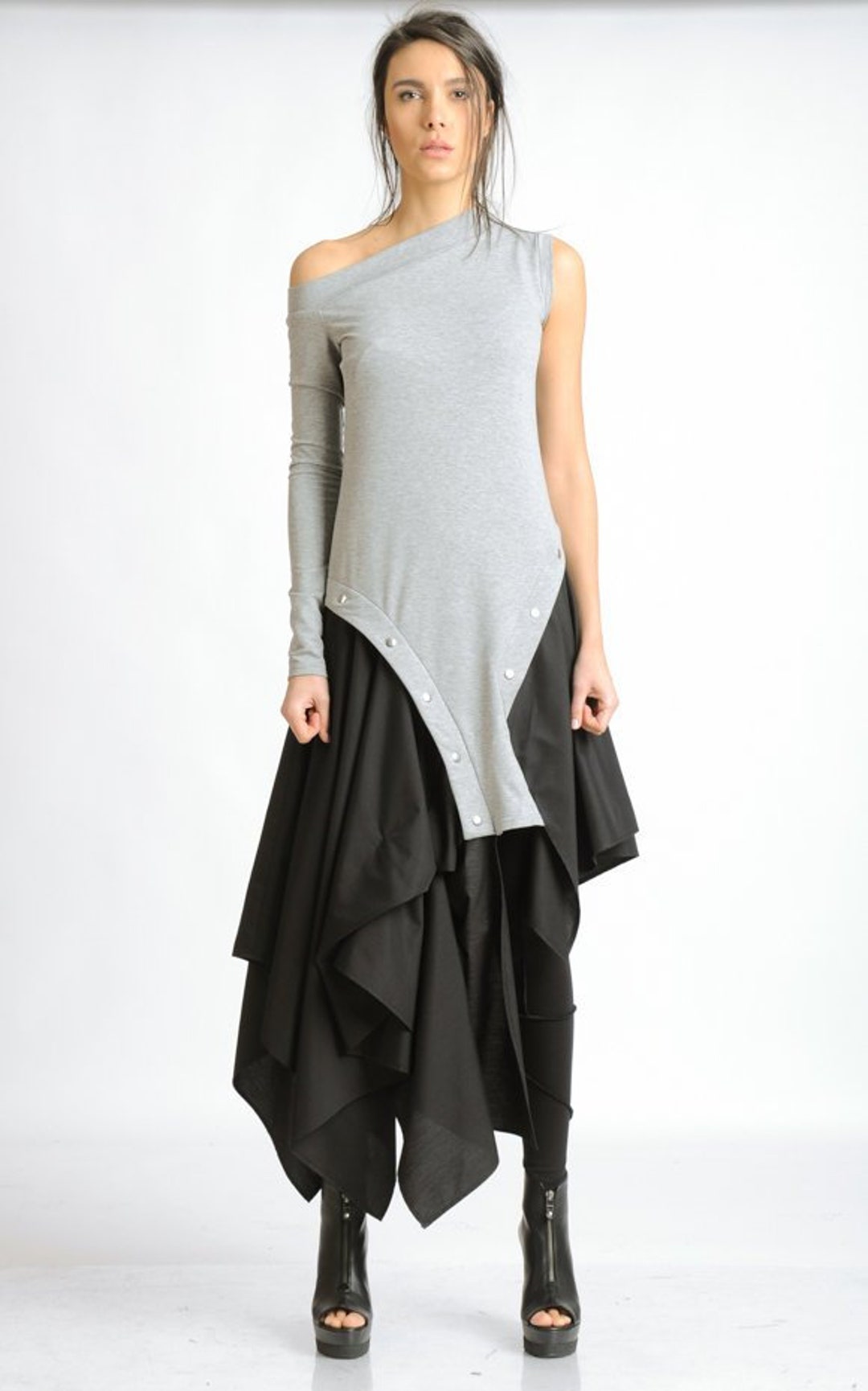 Black and Grey Loose Dress/extravagant Asymmetric Kaftan/off - Etsy