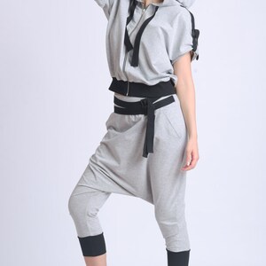 Loose Casual Set/Grey Hooded Tracksuit/Everyday Sports Set/Hoodie and Harem Pants Set/Two Parts Set/Short Sleeve Top and Maxi Pants METJ0016