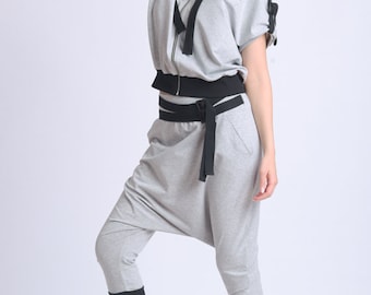 Loose Casual Set/Grey Hooded Tracksuit/Everyday Sports Set/Hoodie and Harem Pants Set/Two Parts Set/Short Sleeve Top and Maxi Pants METJ0016