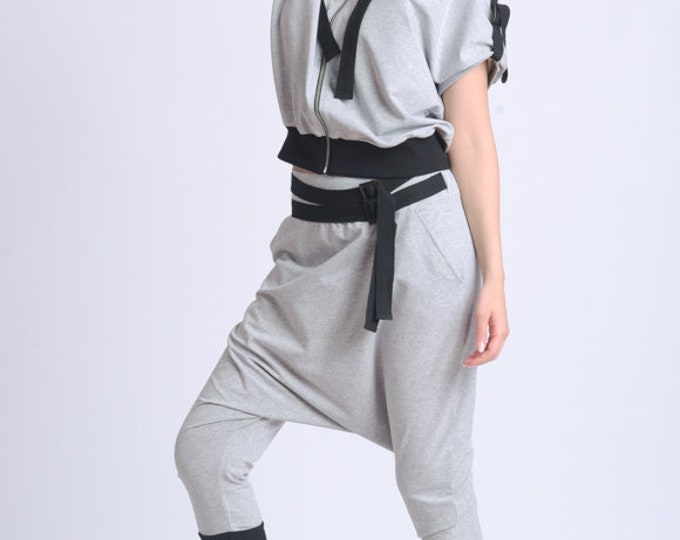 Loose Casual Set/Grey Hooded Tracksuit/Everyday Sports Set/Hoodie and Harem Pants Set/Two Parts Set/Short Sleeve Top and Maxi Pants METJ0016