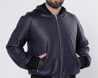 Men’s Croc Effect Bomber Jacket in Blue | Crocodile Texture Faux Leather Jacket METMC0008