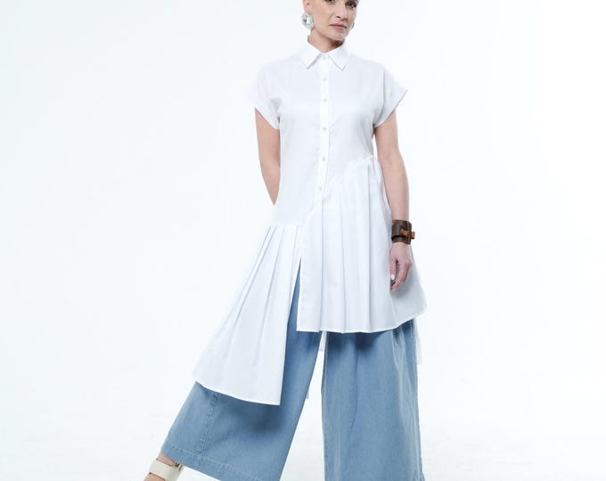 Pleated Tunic In White / Extravagant Long Shirt METWB016