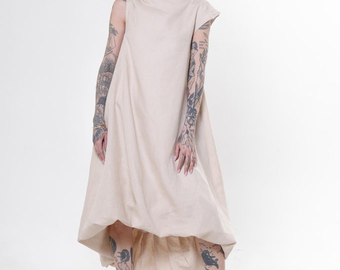 Asymmetric Linen Balloon Dress with High Neck In Beige METD0273