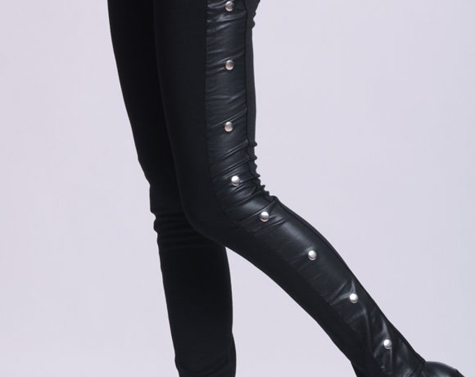 Black Leather Leggings/Black Tight Pants/Slim Fit Black Pants/Leather Pants/Long Studded Pants/Black Cigarette Pants
