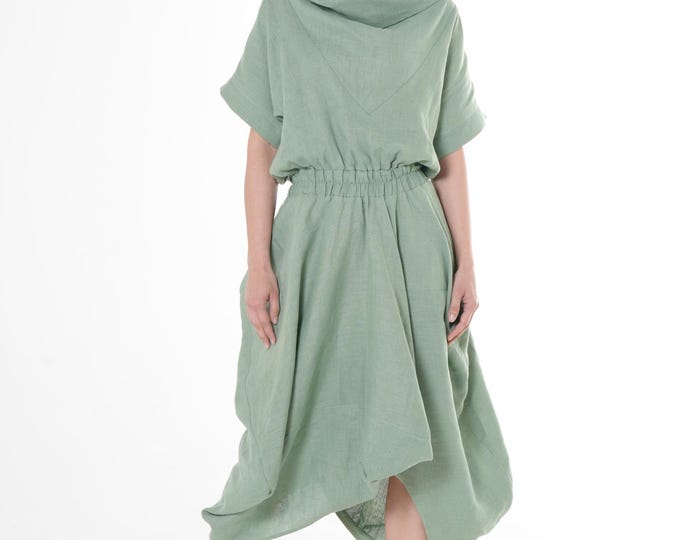 Midi Linen Dress With Elastic Waist / Cowl Neck Dress / Linen Dress - METD0254