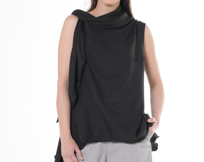 Asymmetric Wrinkled-Effect Top / Sleeveless Black Top METT0284