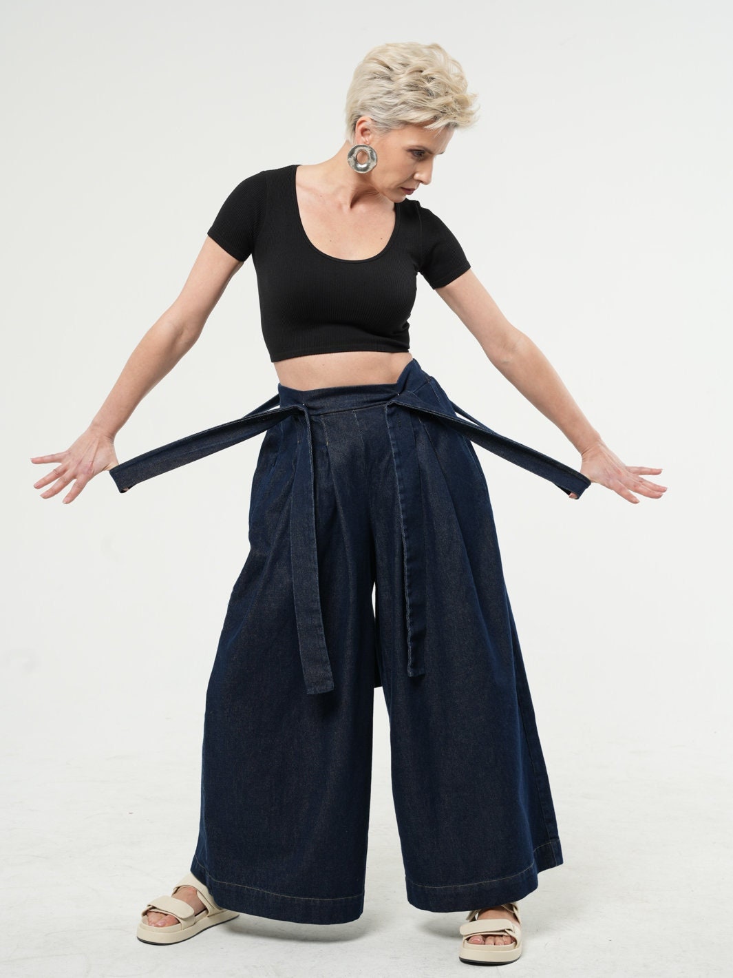 【SATIIIZ】Helidop long wide denim pants Rhinestone Striped Wide Leg Denim Pant