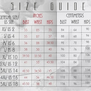 May include: Size guide chart with measurements in inches and centimeters for different sizes of clothing. The chart includes bust, waist, and hip measurements for sizes XS to 5XL.