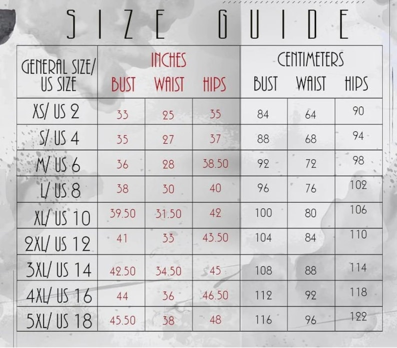 May include: Size guide chart with measurements in inches and centimeters for different sizes of clothing. The chart includes bust, waist, and hip measurements for sizes XS to 5XL.