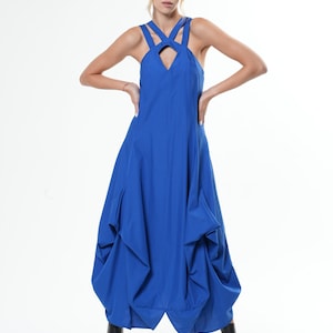 Asymmetric Long Cotton Dress In Royal Blue   METD0190