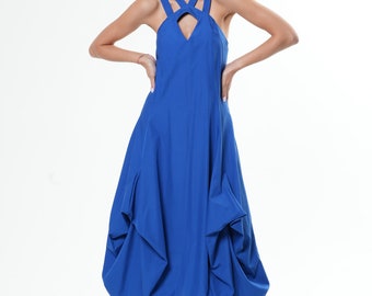 Asymmetrical Cobalt Blue Dress with Cage Strap