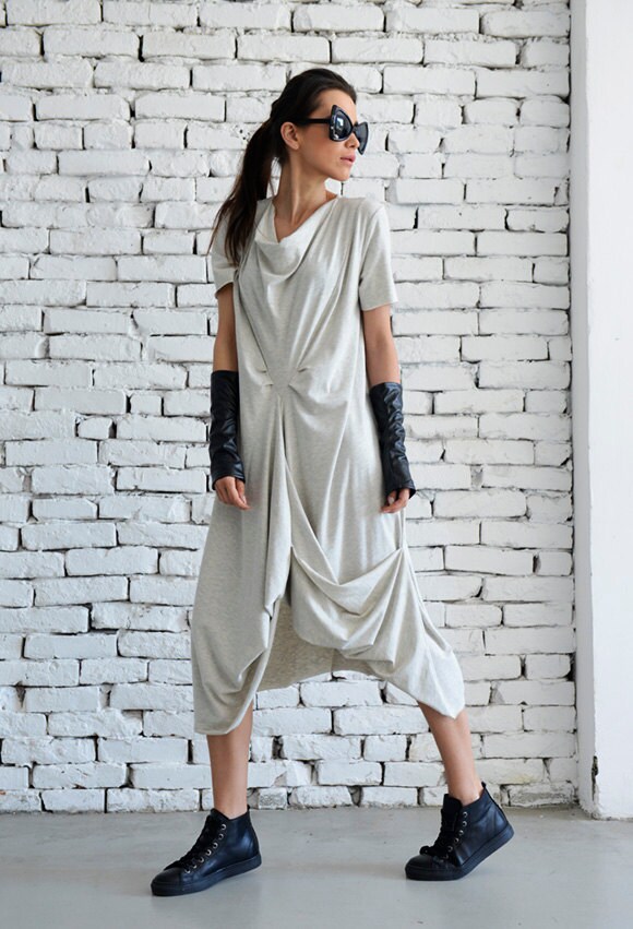 Light Grey Casual Dress Asymmetric Loose Tunic Short Sleeve Long Top Grey Maxi Dress Oversize Kaftan Plus Size Every Day Dress Casual Tunic