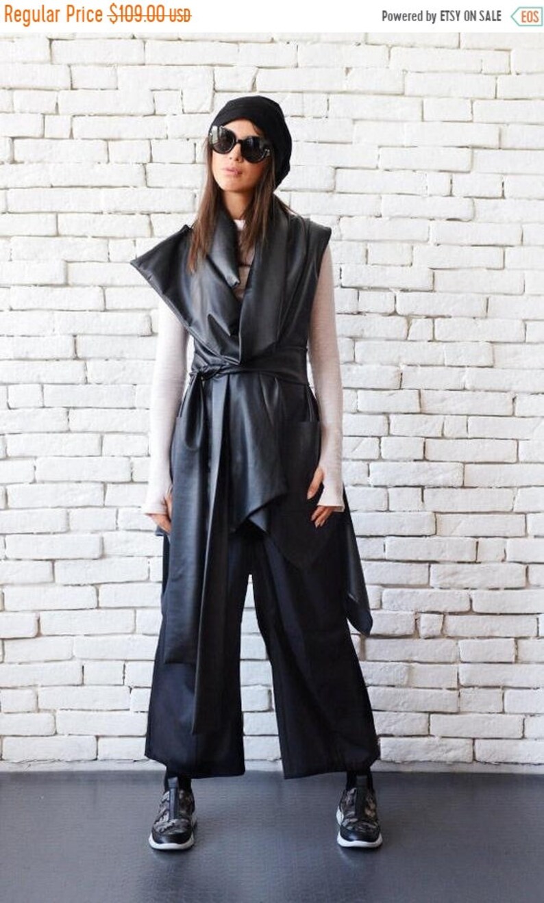 SALE Black Leather Sleeveless JacketAsymmetric Extravagant Vest with BeltLoose Tunic TopLeather Long Short TunicLarge Collar Black Coat