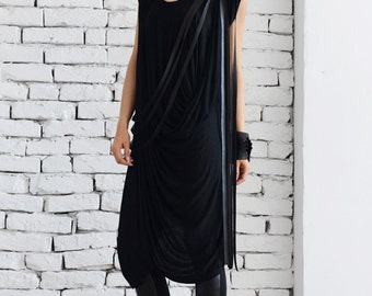 Maxi Black Dress / Leather Tunic / Dress/ Loose Black Dress / Long Tunic/ Asymmetric / Asymmetric tunic / Black Asymmetrical tunic