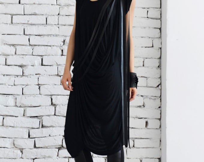 Maxi Black Dress / Leather Tunic / Dress/ Loose Black Dress / Long Tunic/ Asymmetric / Asymmetric Tunic / Black Asymmetrical Tunic METT0039