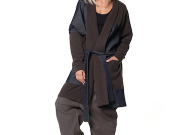 Belted Long Knit Cardigan with Denim Panels and Shawl Collar METC0168