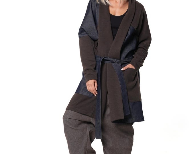 Belted Long Knit Cardigan with Denim Panels and Shawl Collar METC0168