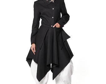 Woolen Asymmetric Long Coat with Statement Pockets METC0165