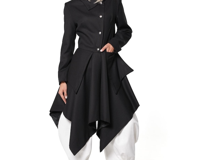 Woolen Asymmetric Long Coat with Statement Pockets METC0165