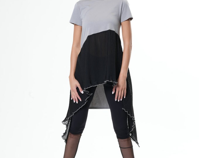 Asymmetric Tunic / Asymmetrical Top / Chiffon Tunic / See Through Top / Pleated Top