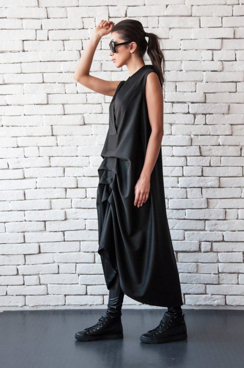 Extravagant Dress / Long Black Maxi Dress / Asymmetric Dress / Black V Neck Dress / Large Black Dress / Loose Fit Dress image 2