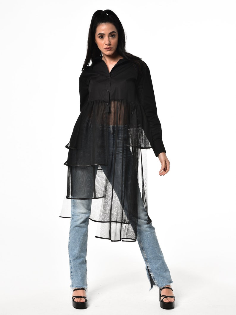 Asymmetrical Shirt / See Through Shirt / Transparent Shirt / See Through Tunic / Button Up Long Sleeve Shirt / See Through Blouse / extravagant black sheer shirt / summer transparent tops / see through shirt for ladies / plus size tunic / mesh shirt