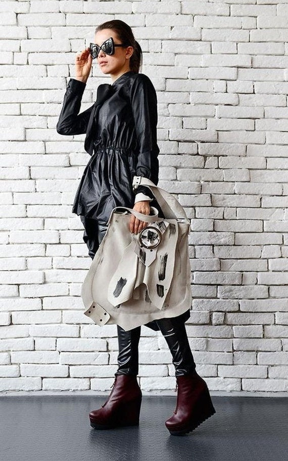 Extravagante bolso blanco asim trico bolso de cuero genuino