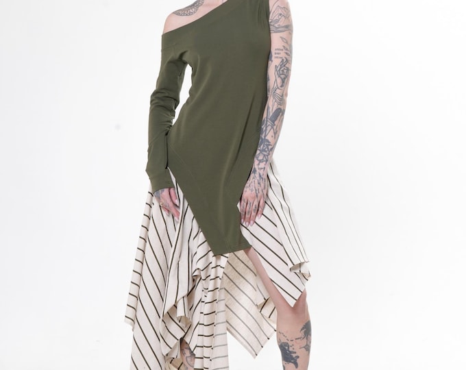 Naked Shoulder Asymmetric Dress With Striped Skirt in Khaki METD0275