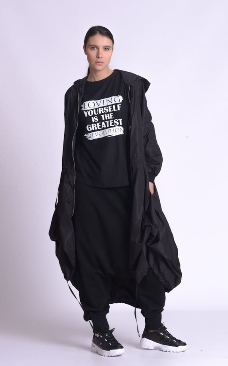 Black Long Raincoat / Hooded Raincoat Women / Oversize Jacket / Plus Size Clothing image 5