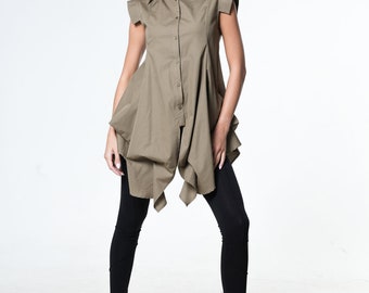 トップス Asymmetry Ruffled Long T-shirt Womens Long Sleeve Top/Cotton and Chiffon Tunic Dress