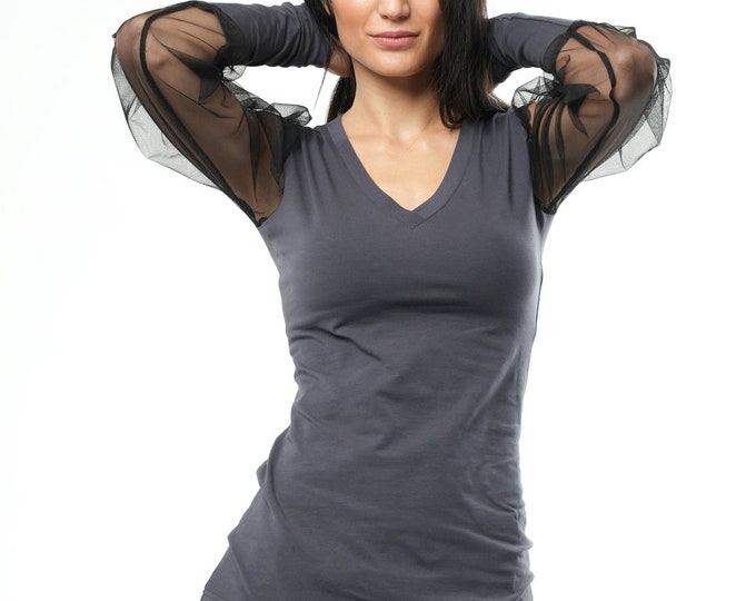 Mesh Top Women / V Neck / Transparent Blouse / See Through Top / Grey Blouse / Romantic Blouse / Gray Blouse METT0218