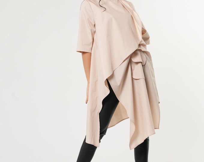 Beige Asymmetric Shirt/Extravagant Oversize Tunic/Half Sleeve Casual Top/Short Maxi Dress/Cream Loose Shirt Dress METSh0002
