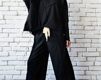 Black Loose Tracksuit/Plus Size Casual Suit/Asymmetric Tunic/Wide Leg Pants/Black Sport Set/Oversize Hooded Tunic/Black Maxi Pants/ METJ0007