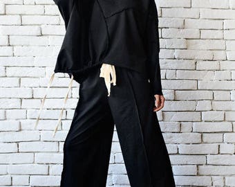 Black Loose Tracksuit/Plus Size Casual Suit/Asymmetric Tunic/Wide Leg Pants/Black Sport Set/Oversize Hooded Tunic/Black Maxi Pants/Loose Set