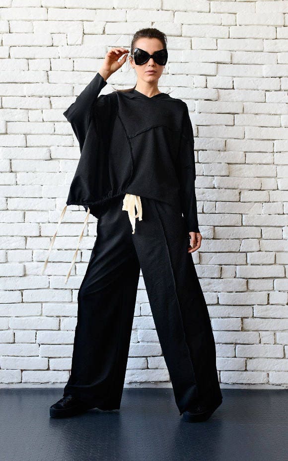 Black Loose Tracksuit/plus Size Casual Suit/asymmetric Tunic/wide Leg Pants/black  Sport Set/oversize Hooded Tunic/black Maxi Pants/loose Set 