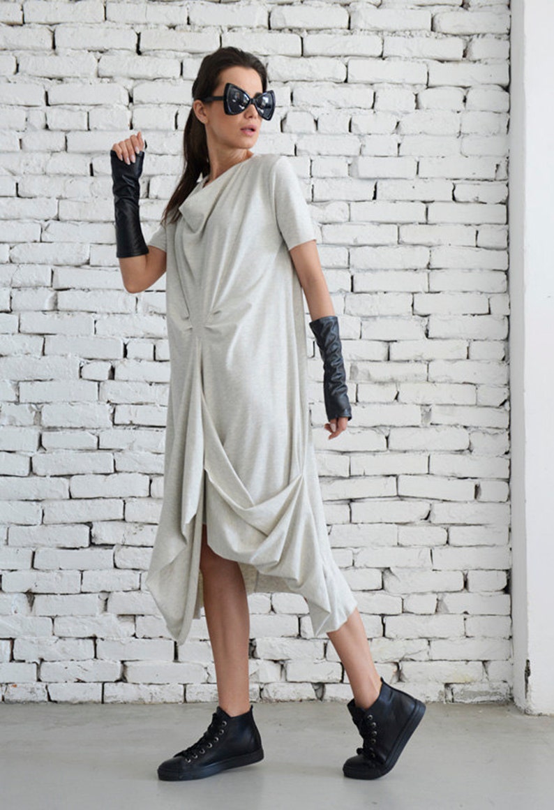 Light Grey Casual Dress/Asymmetric Loose Tunic/Short Sleeve Long Top/Grey Maxi Dress/Oversize Kaftan/Plus Size Every Day Dress/Casual Tunic image 4