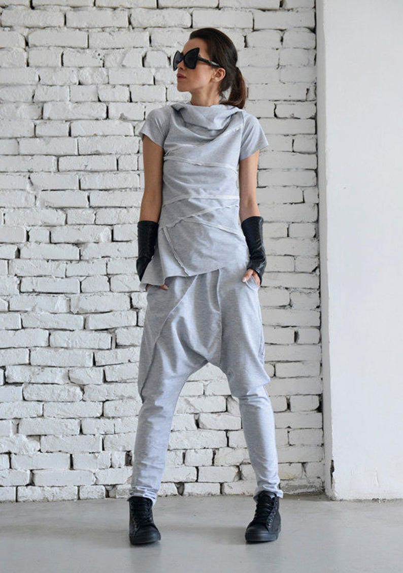 Light Grey Sport Set/Loose Two Piece/Asymmetric Tunic/Drop Crotch Pants/Hooded Tunic/Grey Casual Suit/Short Sleeve Hoodie METJ0005 image 2