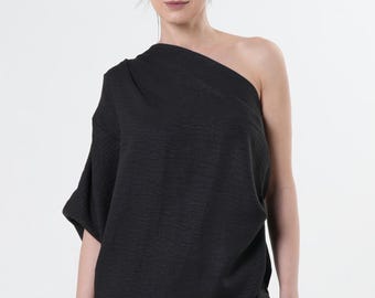 Black One Shoulder Top: Asymmetrical Draped Blouse METT0279