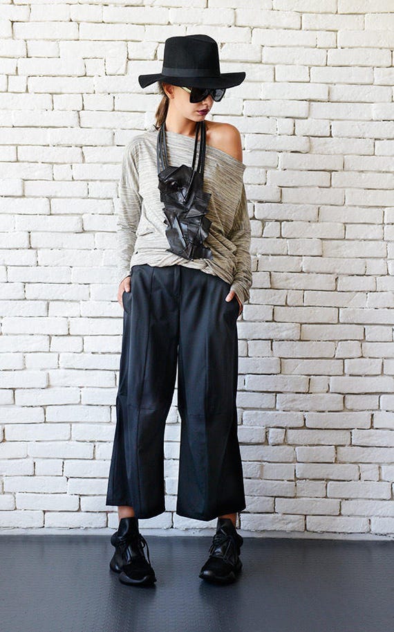 Black Loose Pants/black Maxi Pants/3/4 Pants/black Casual Capris