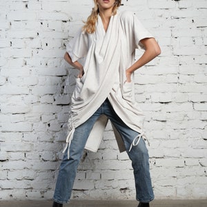 Asymmetrical Tunic / Grey Tunic / Maxi Tunic / Asymmetric Tunic / Short Sleeve Tunic / Loose Tunic Top / Wrap Tunic / Boho Wrap Top METT0243